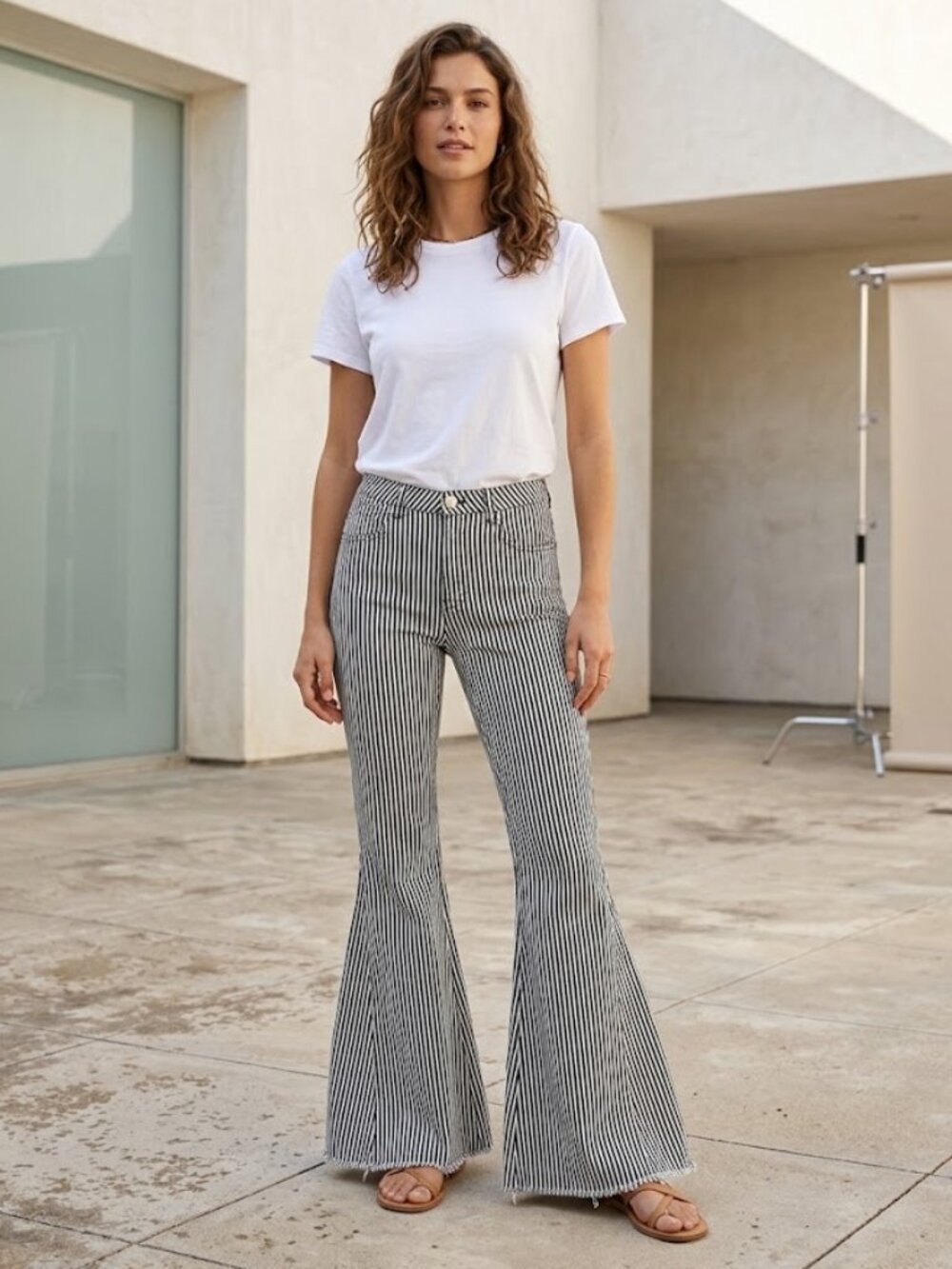 Altar'd State Size Small Blue White Stripe Flare Jeans Raw Hem Bell Bottom Pants